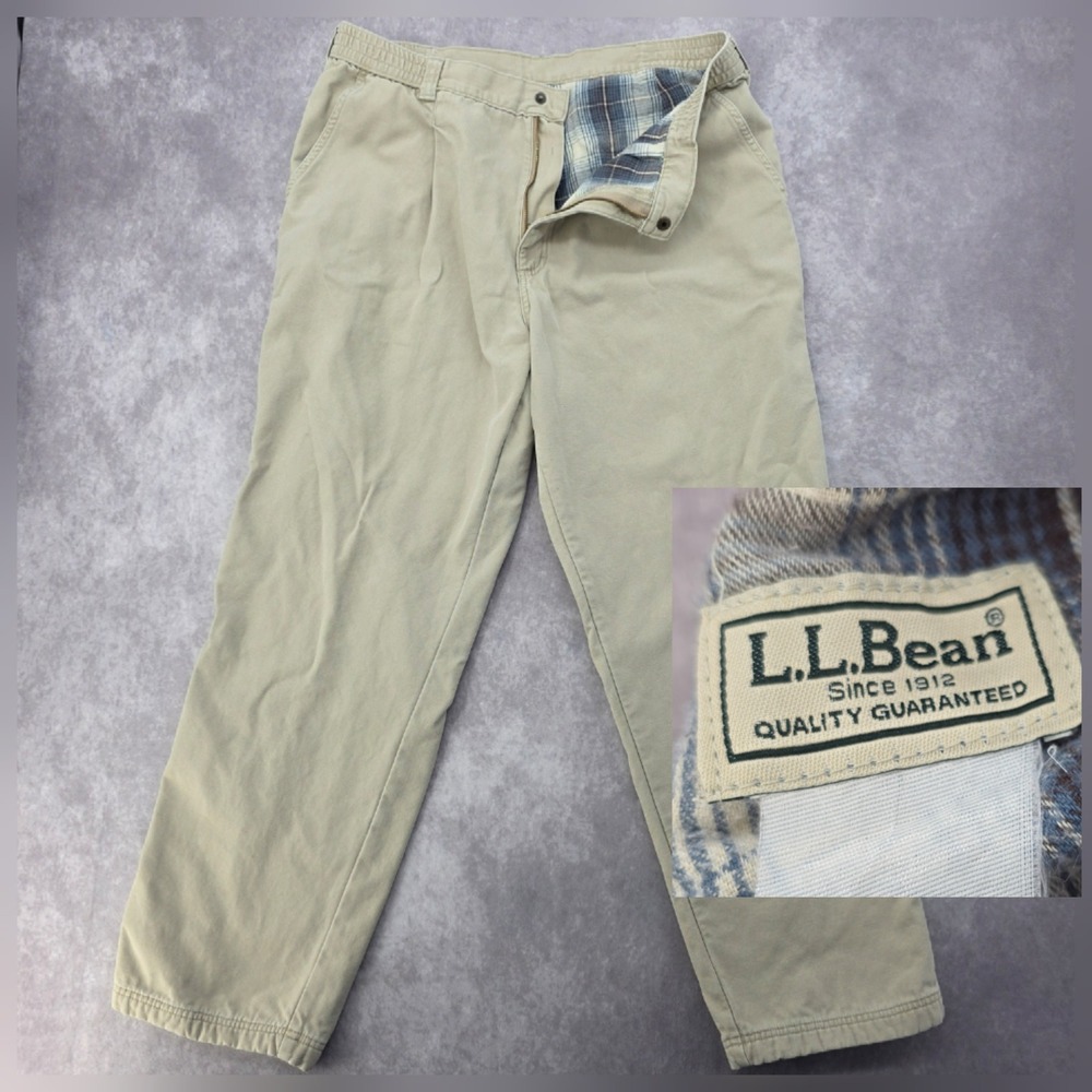 Vintage LL Bean Flannel Lined Chino Pants Mens 38x31 Khaki Tan Pleated Trousers
